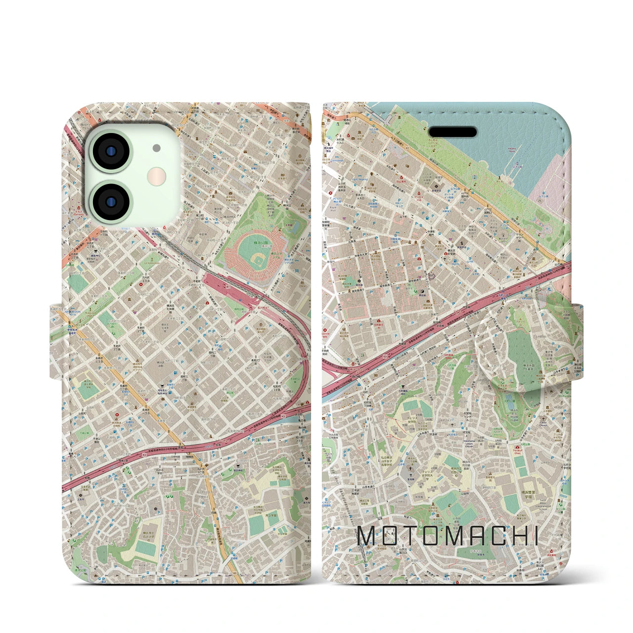 【元町（神奈川県）】地図柄iPhoneケース（手帳タイプ）ナチュラル・iPhone 12 mini 用