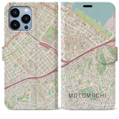 【元町（神奈川県）】地図柄iPhoneケース（手帳タイプ）ナチュラル・iPhone 13 Pro Max 用