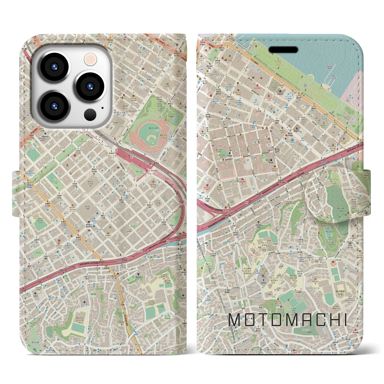 【元町（神奈川県）】地図柄iPhoneケース（手帳タイプ）ナチュラル・iPhone 13 Pro 用