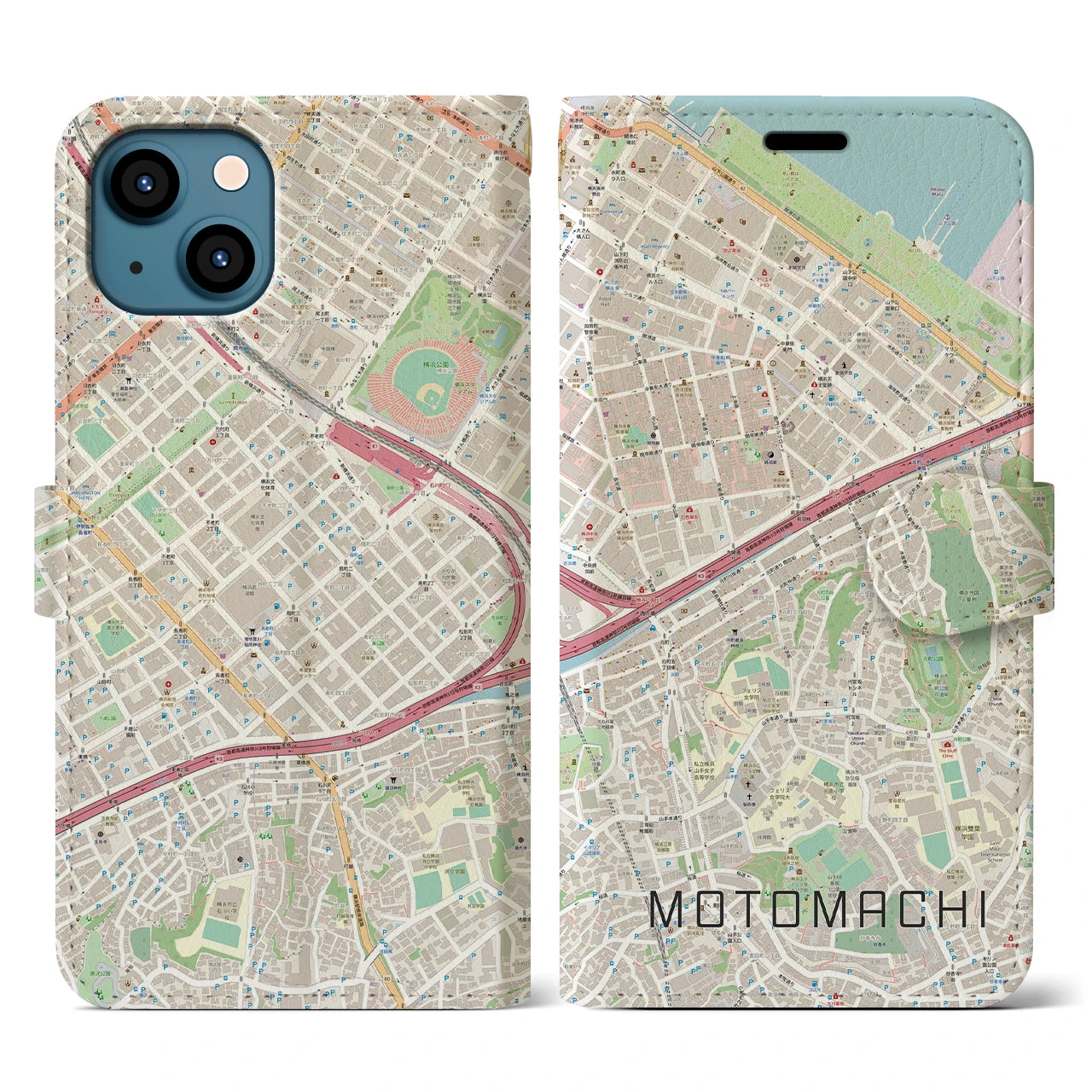 【元町（神奈川県）】地図柄iPhoneケース（手帳タイプ）ナチュラル・iPhone 13 用