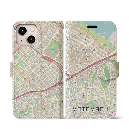 【元町（神奈川県）】地図柄iPhoneケース（手帳タイプ）ナチュラル・iPhone 13 mini 用