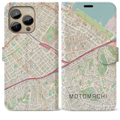 【元町（神奈川県）】地図柄iPhoneケース（手帳タイプ）ナチュラル・iPhone 14 Pro Max 用