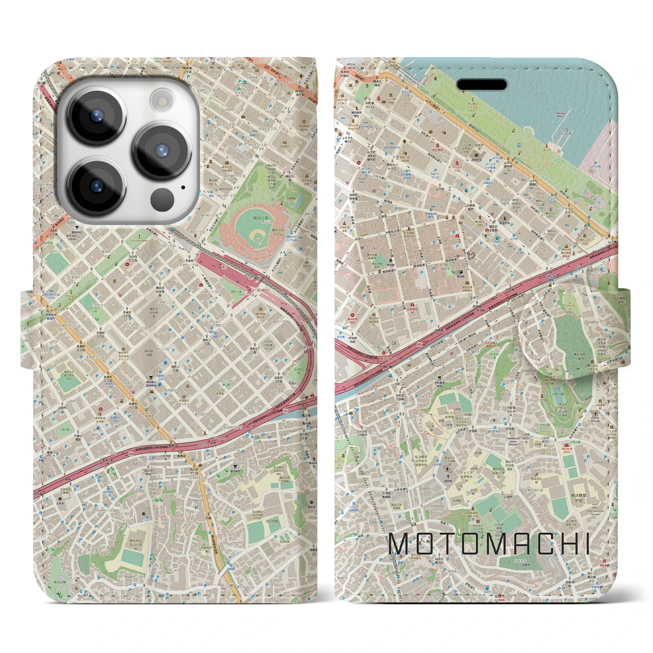 【元町（神奈川県）】地図柄iPhoneケース（手帳タイプ）ナチュラル・iPhone 14 Pro 用
