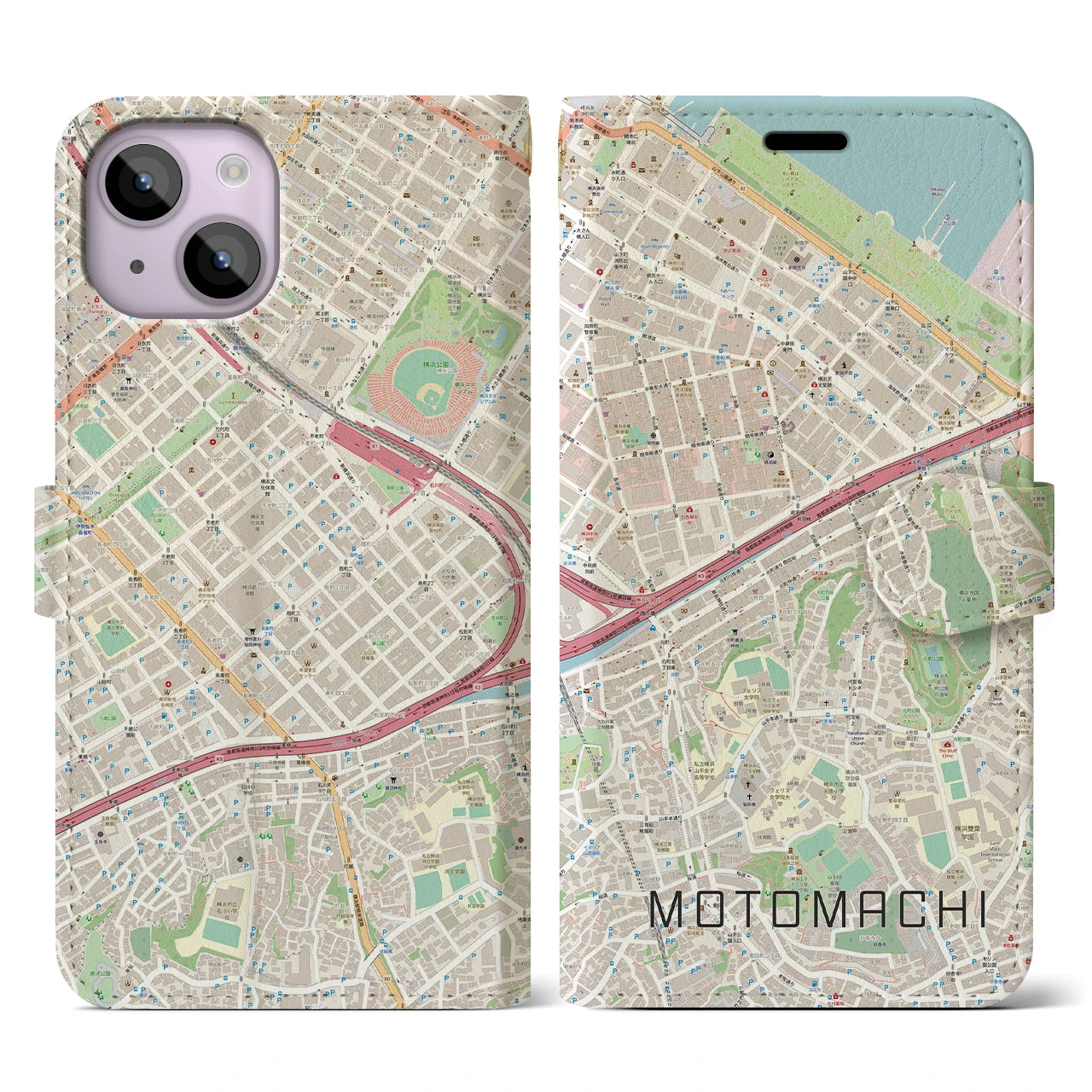【元町（神奈川県）】地図柄iPhoneケース（手帳タイプ）ナチュラル・iPhone 14 用
