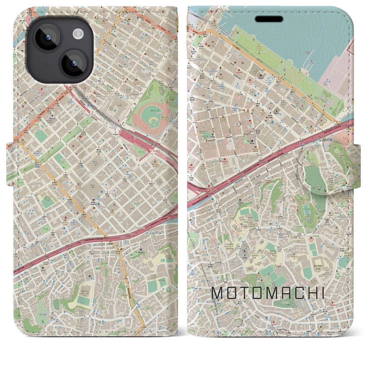 【元町（神奈川県）】地図柄iPhoneケース（手帳タイプ）ナチュラル・iPhone 14 Plus 用
