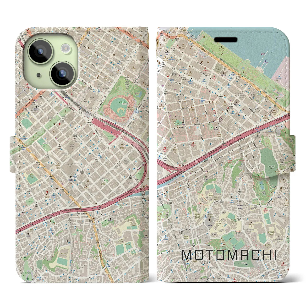【元町（神奈川県）】地図柄iPhoneケース（手帳タイプ）ナチュラル・iPhone 15 用