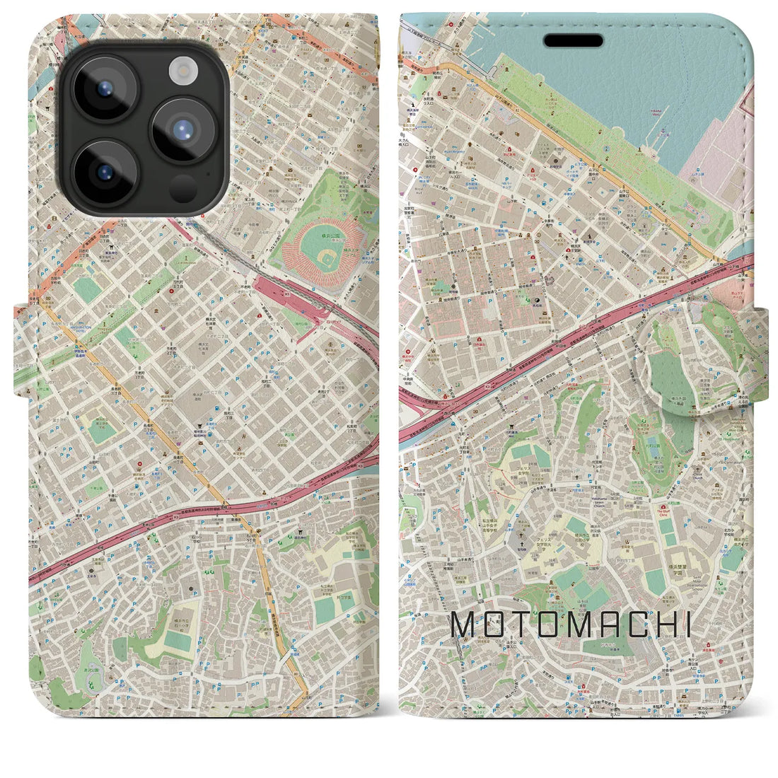 【元町（神奈川県）】地図柄iPhoneケース（手帳両面タイプ・ナチュラル）iPhone 15 Pro Max 用