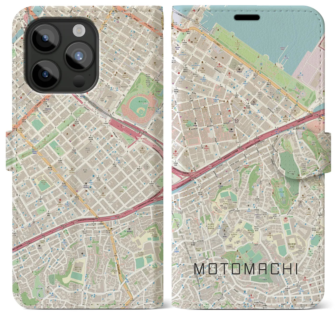 【元町（神奈川県）】地図柄iPhoneケース（手帳タイプ）ナチュラル・iPhone 15 Pro Max 用