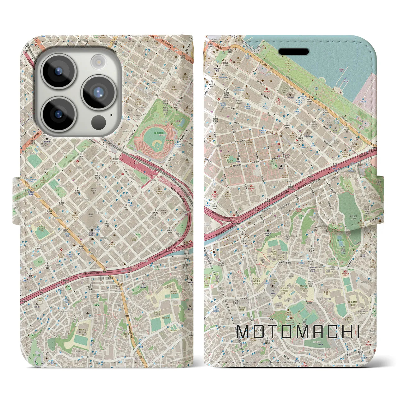 【元町（神奈川県）】地図柄iPhoneケース（手帳タイプ）ナチュラル・iPhone 15 Pro 用