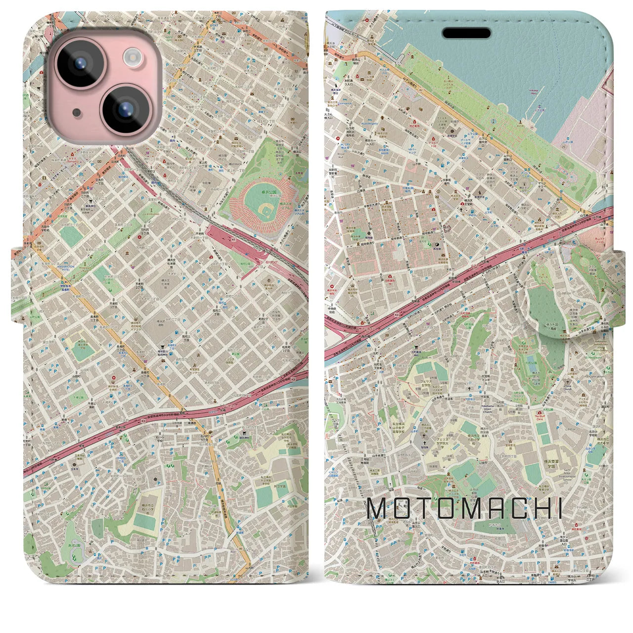 【元町（神奈川県）】地図柄iPhoneケース（手帳タイプ）ナチュラル・iPhone 15 Plus 用