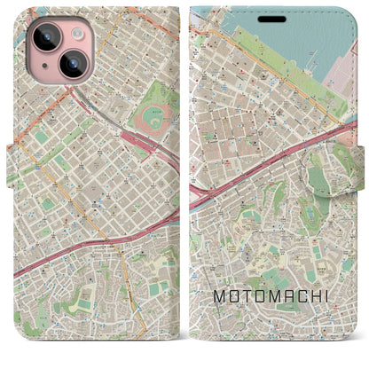 【元町（神奈川県）】地図柄iPhoneケース（手帳タイプ）ナチュラル・iPhone 15 Plus 用