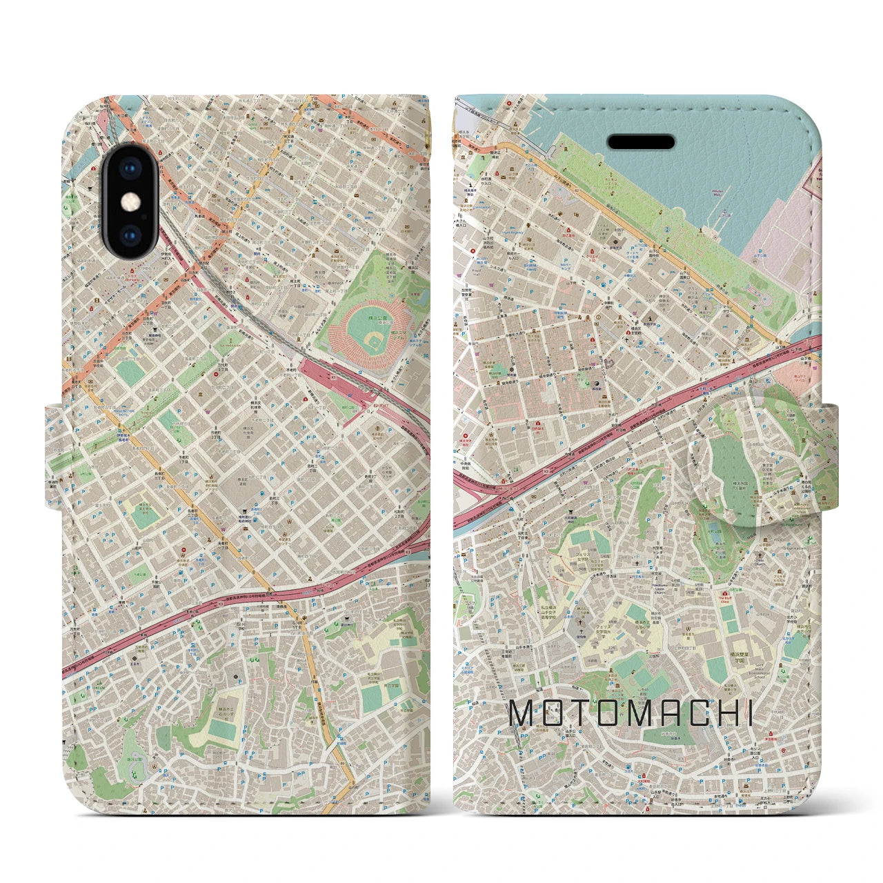 【元町（神奈川県）】地図柄iPhoneケース（手帳タイプ）ナチュラル・iPhone XS / X 用
