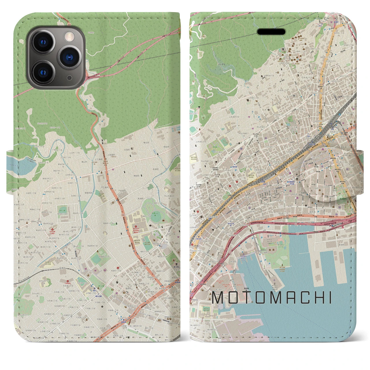 【元町】地図柄iPhoneケース（手帳両面タイプ・ナチュラル）iPhone 11 Pro Max 用