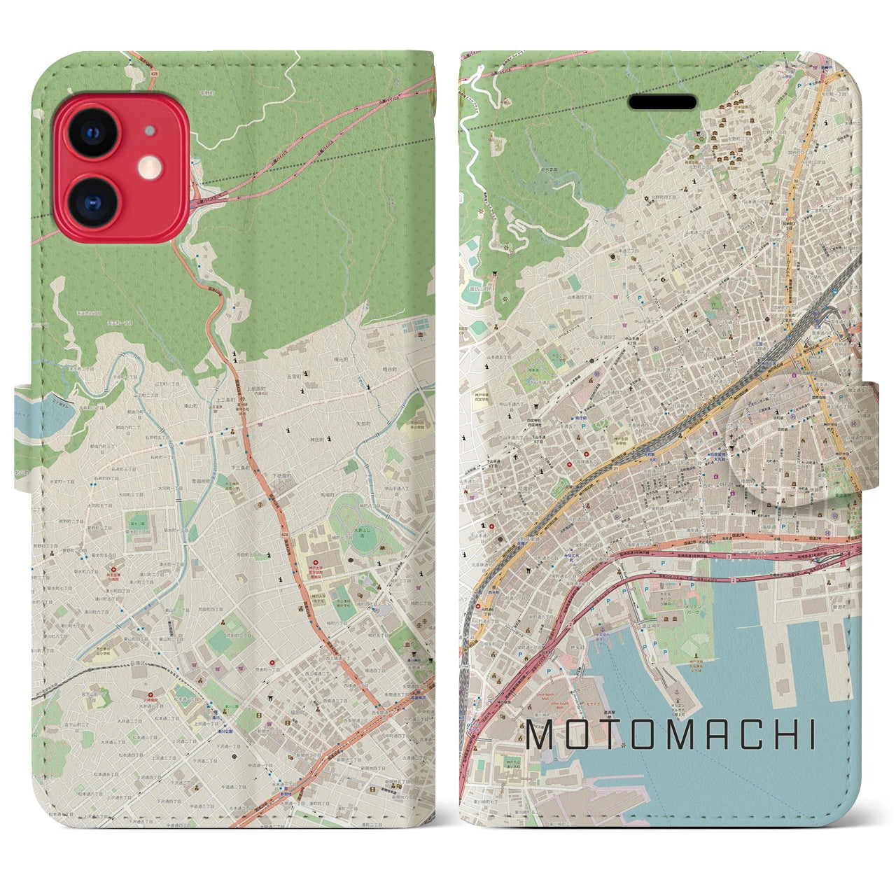【元町】地図柄iPhoneケース（手帳両面タイプ・ナチュラル）iPhone 11 用
