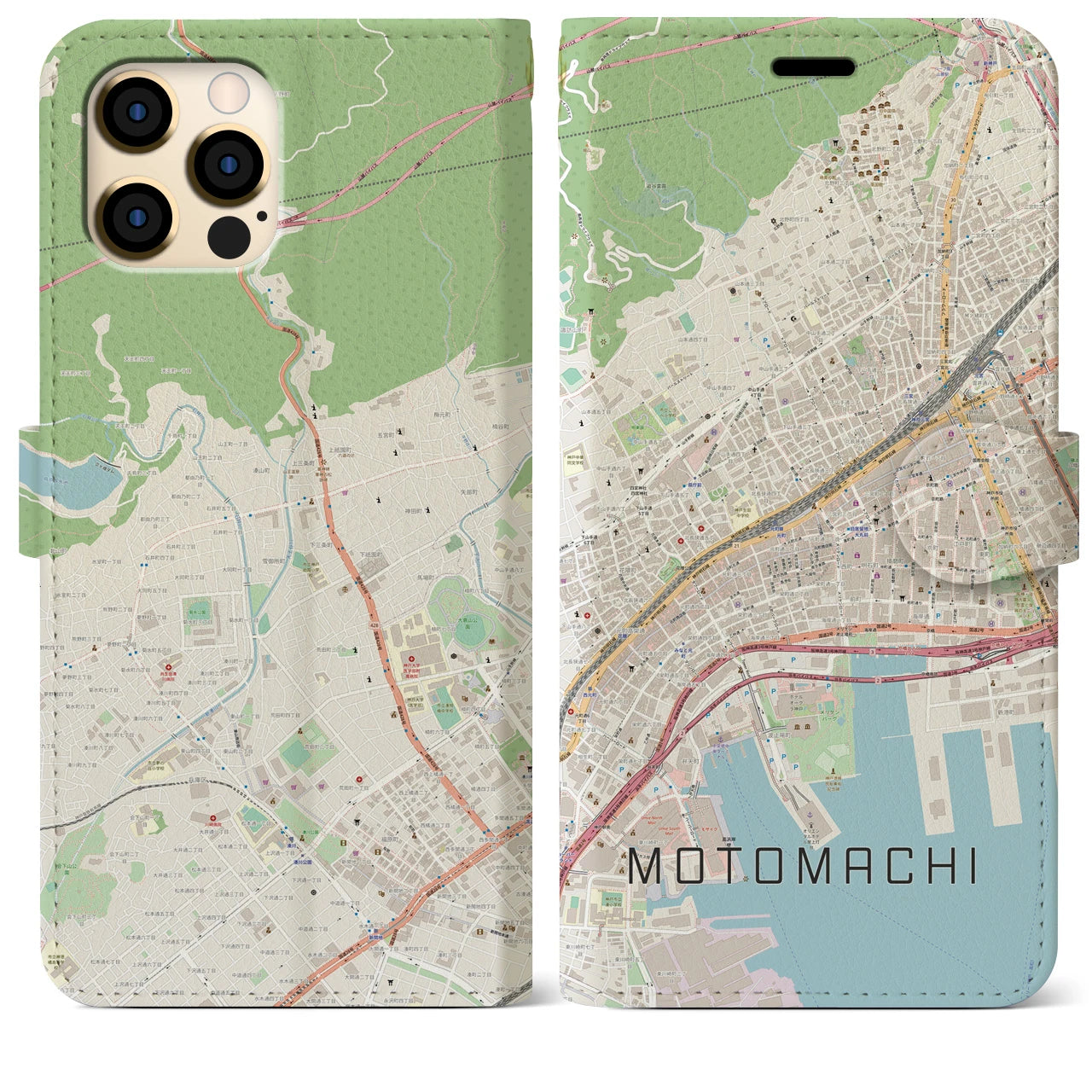 【元町】地図柄iPhoneケース（手帳両面タイプ・ナチュラル）iPhone 12 Pro Max 用