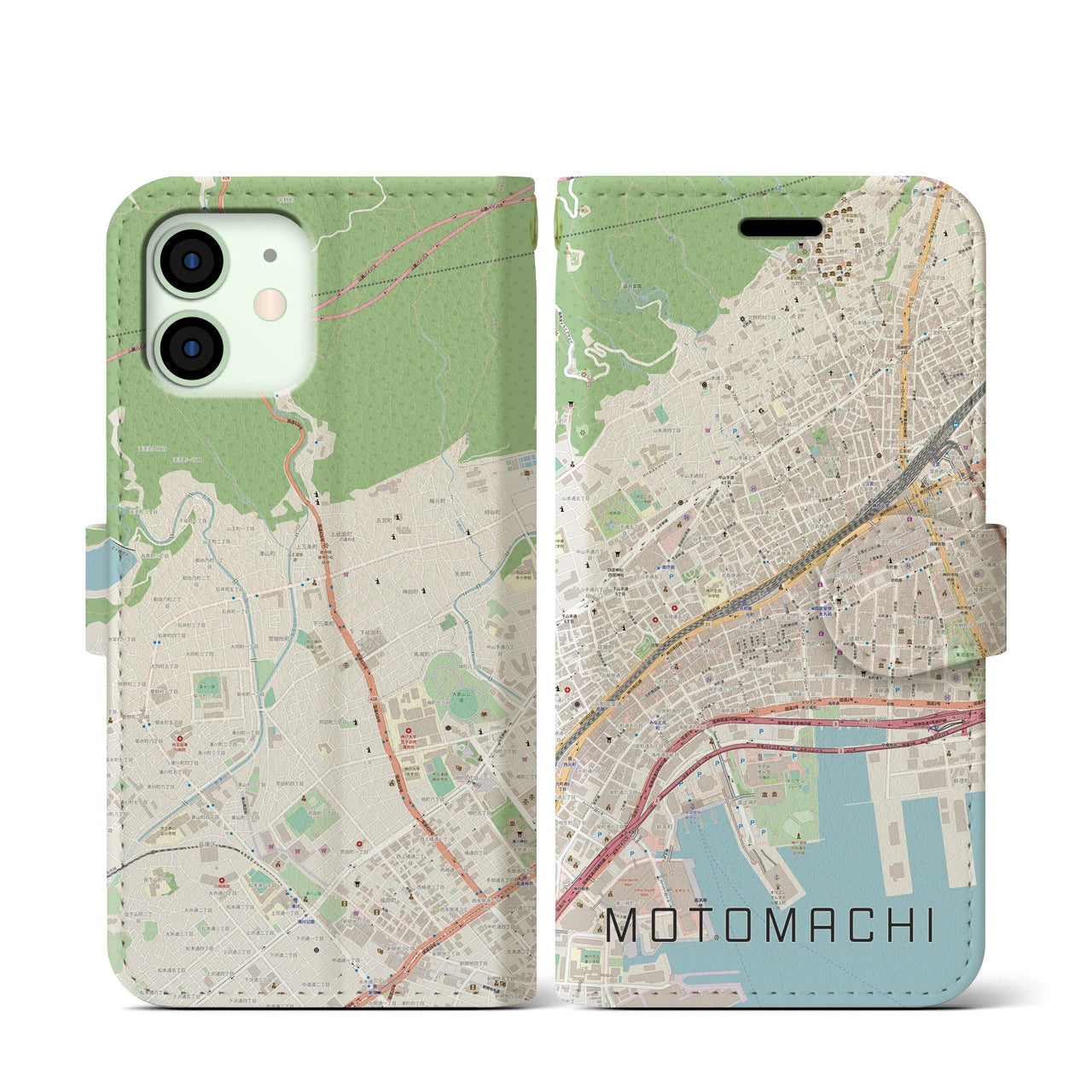 【元町】地図柄iPhoneケース（手帳両面タイプ・ナチュラル）iPhone 12 mini 用