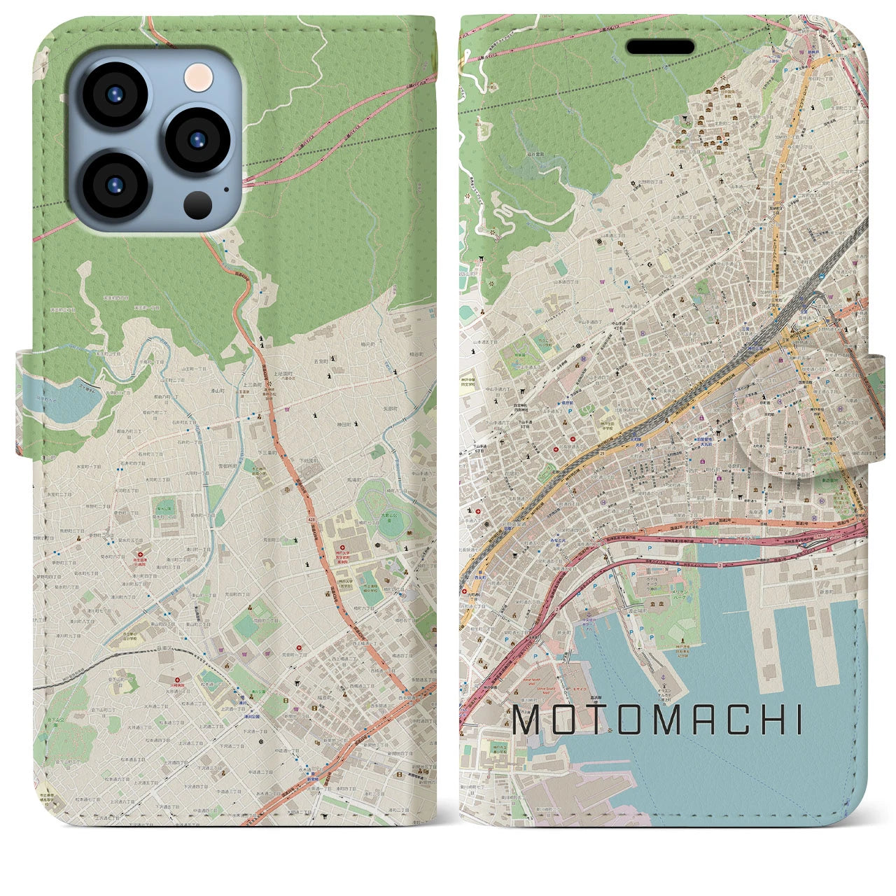 【元町】地図柄iPhoneケース（手帳両面タイプ・ナチュラル）iPhone 13 Pro Max 用