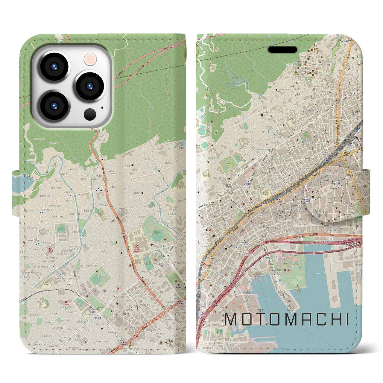 【元町】地図柄iPhoneケース（手帳両面タイプ・ナチュラル）iPhone 13 Pro 用
