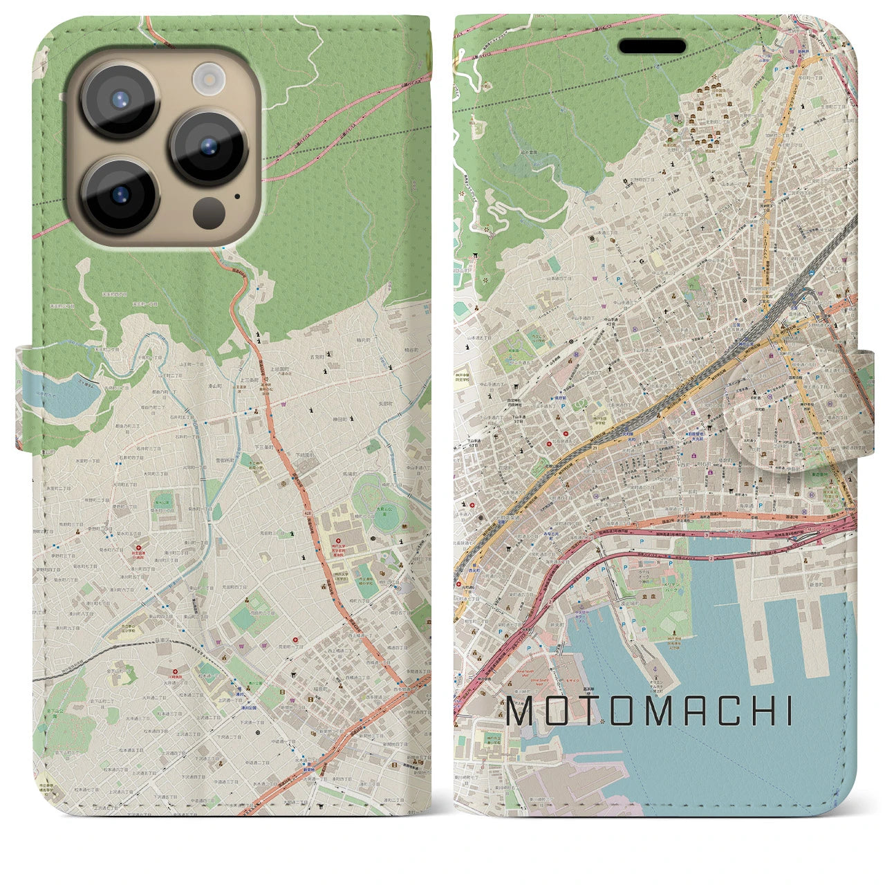 【元町】地図柄iPhoneケース（手帳両面タイプ・ナチュラル）iPhone 14 Pro Max 用