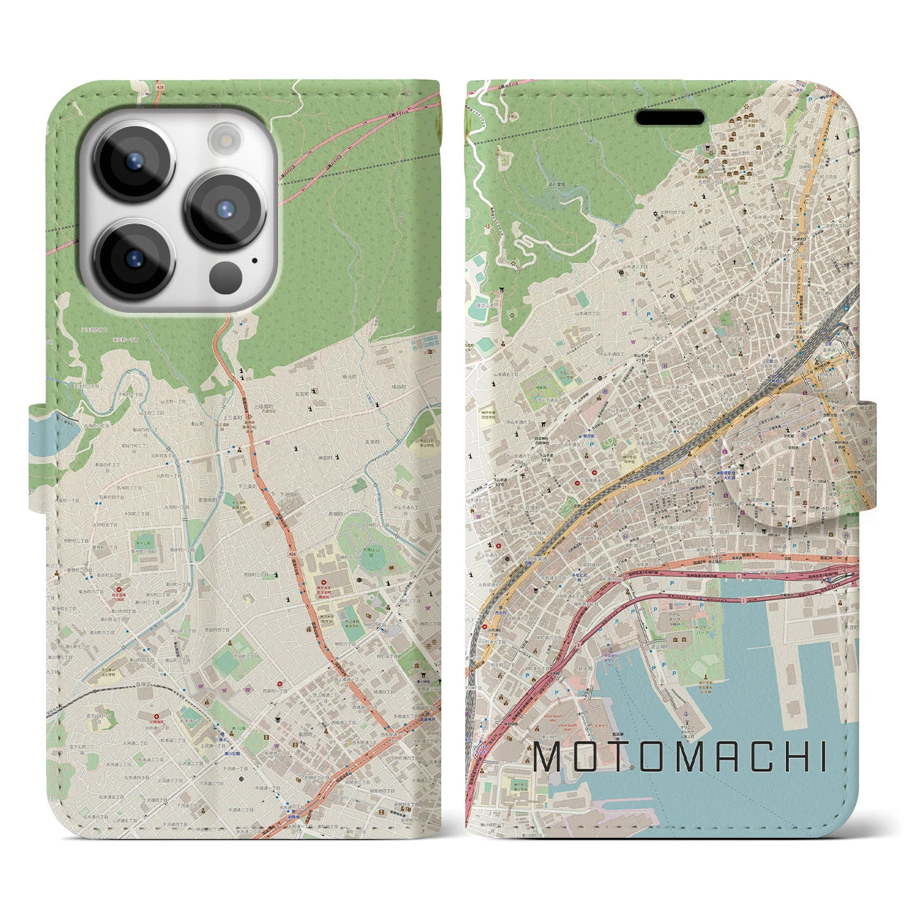【元町】地図柄iPhoneケース（手帳両面タイプ・ナチュラル）iPhone 14 Pro 用