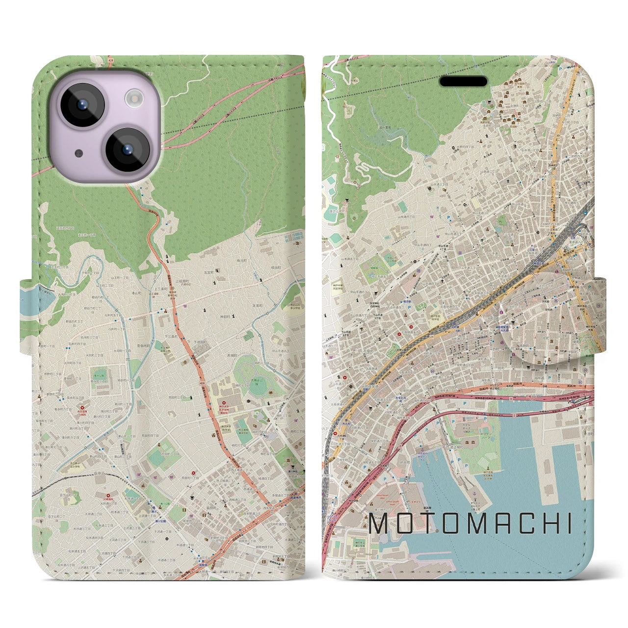 【元町】地図柄iPhoneケース（手帳両面タイプ・ナチュラル）iPhone 14 用