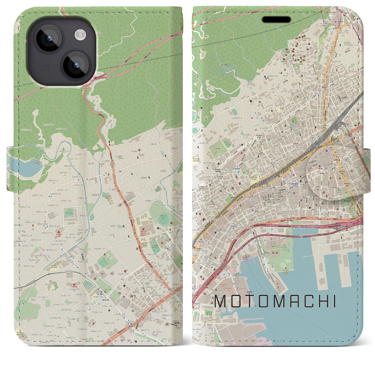 【元町】地図柄iPhoneケース（手帳両面タイプ・ナチュラル）iPhone 14 Plus 用