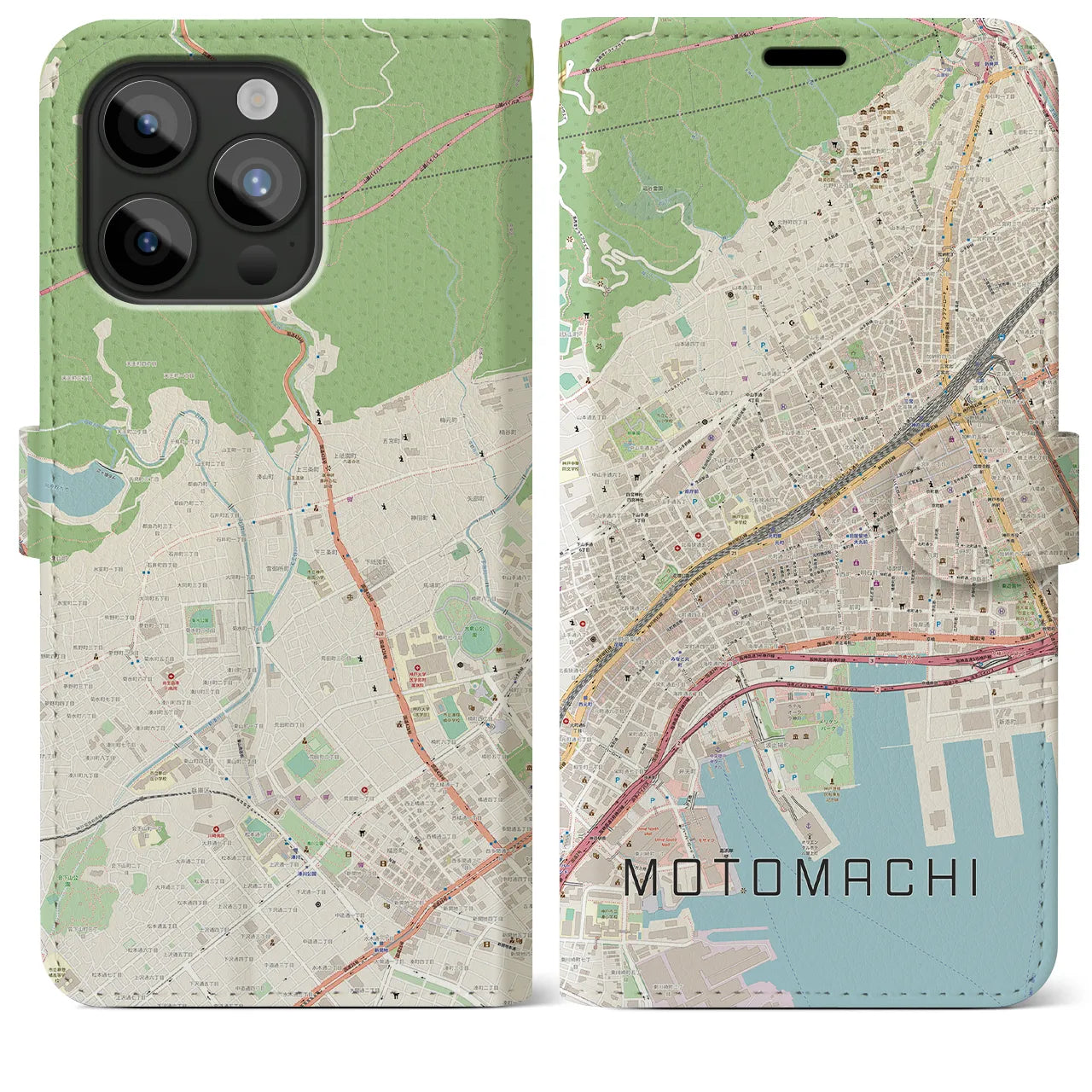【元町】地図柄iPhoneケース（手帳両面タイプ・ナチュラル）iPhone 15 Pro Max 用
