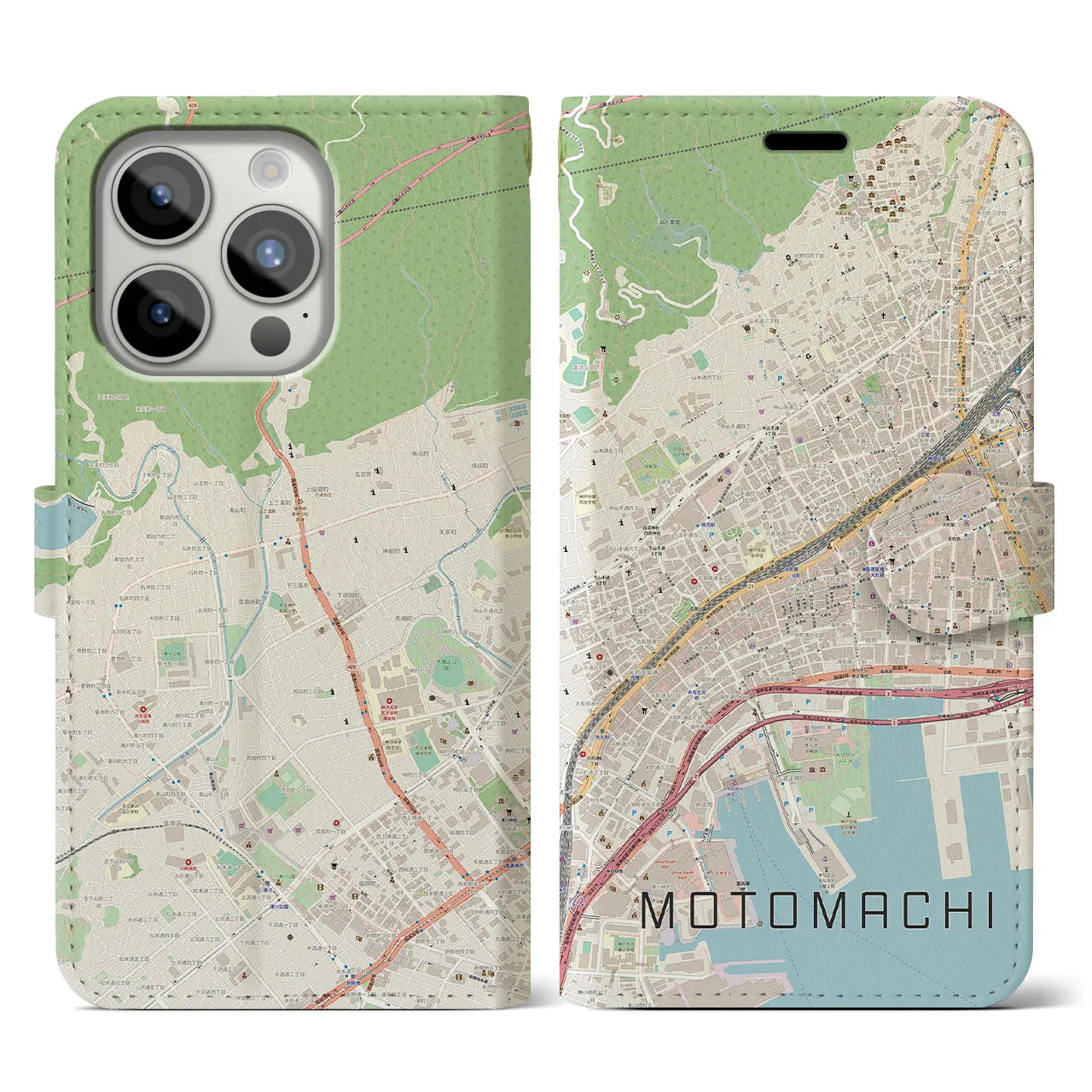 【元町】地図柄iPhoneケース（手帳両面タイプ・ナチュラル）iPhone 15 Pro 用
