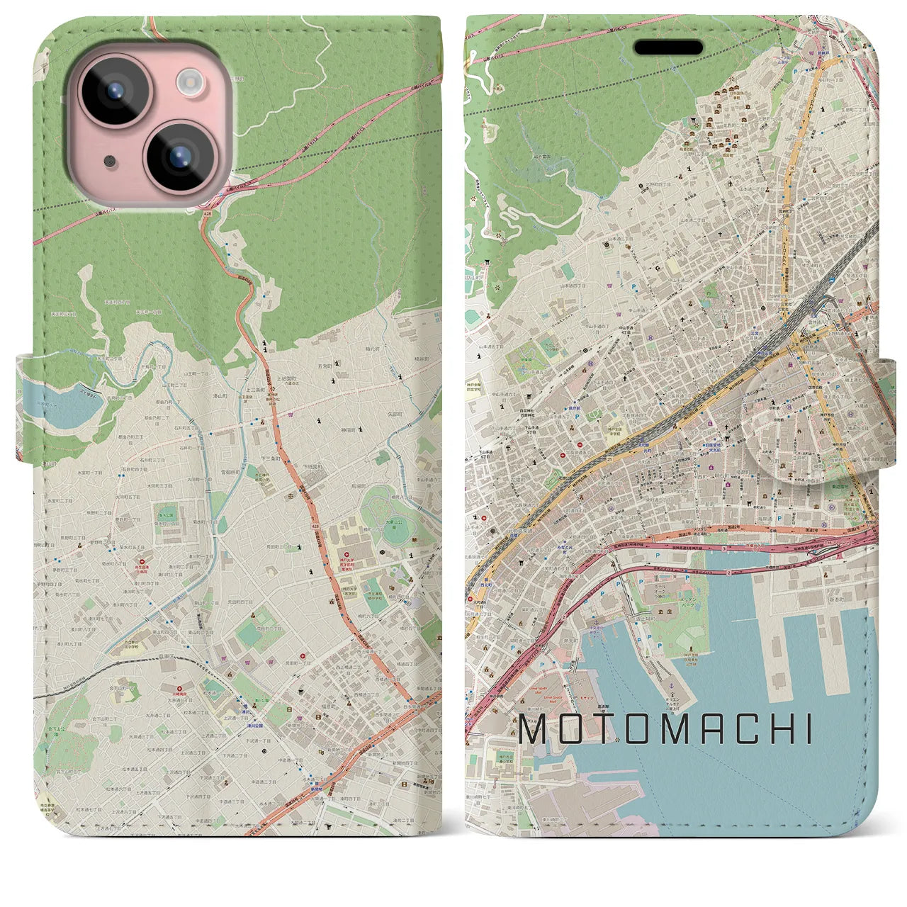 【元町】地図柄iPhoneケース（手帳両面タイプ・ナチュラル）iPhone 15 Plus 用