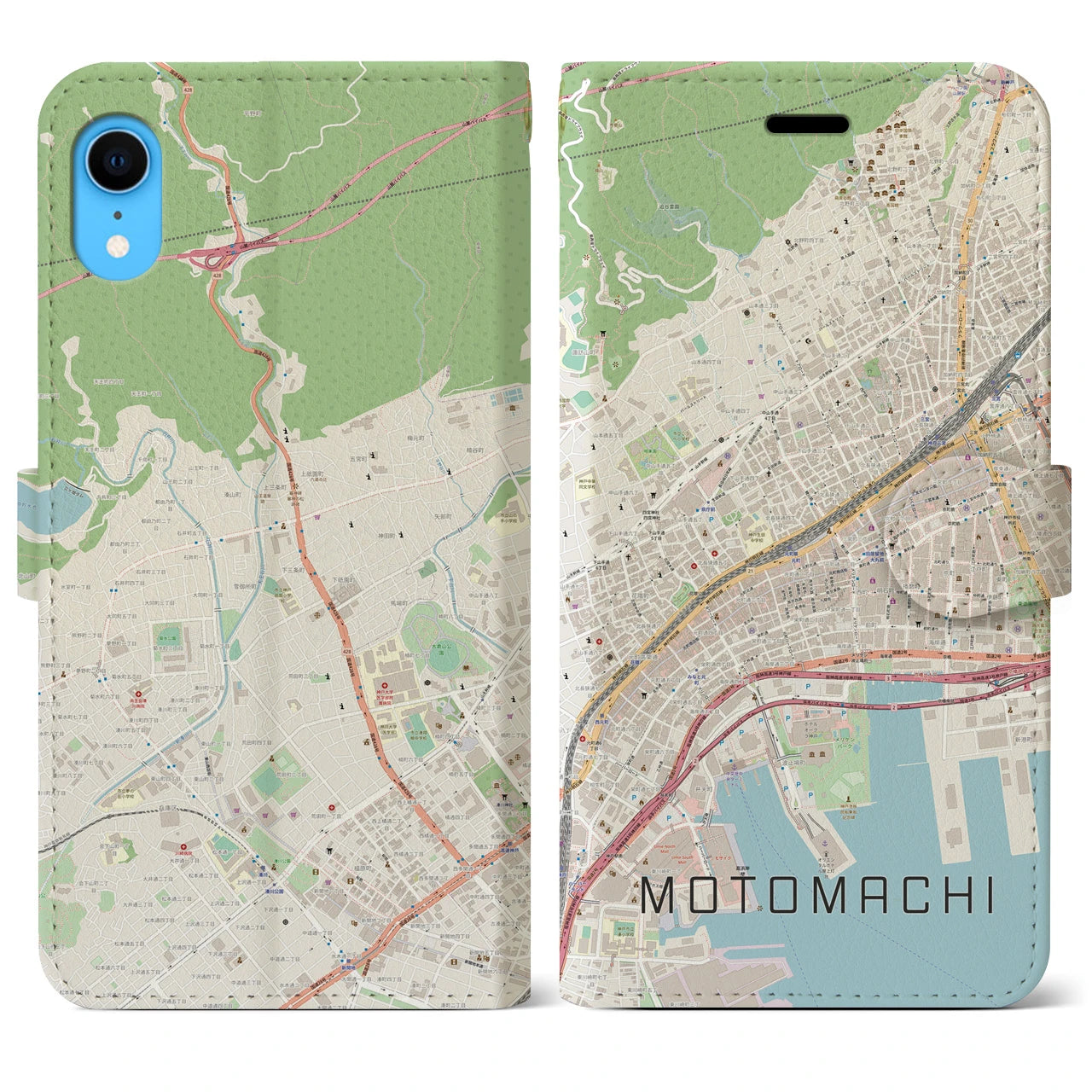 【元町】地図柄iPhoneケース（手帳両面タイプ・ナチュラル）iPhone XR 用