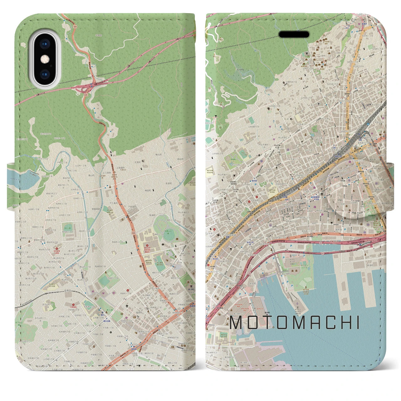 【元町】地図柄iPhoneケース（手帳両面タイプ・ナチュラル）iPhone XS Max 用