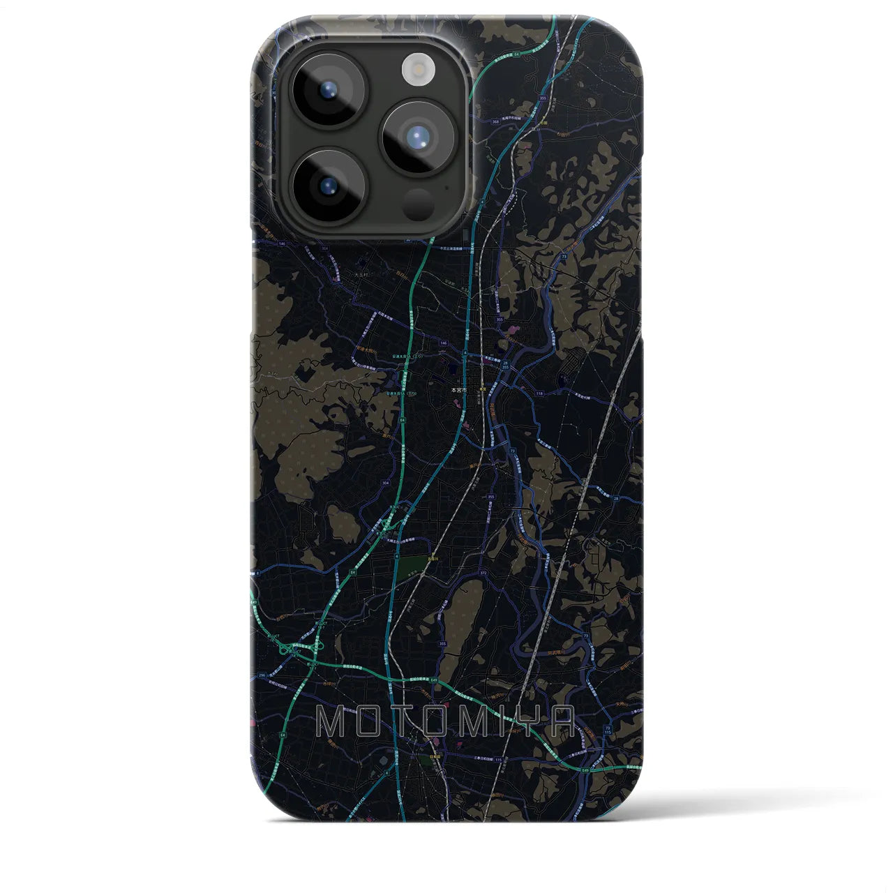 【本宮（福島県）】地図柄iPhoneケース（バックカバータイプ・ブラック）iPhone 15 Pro Max 用