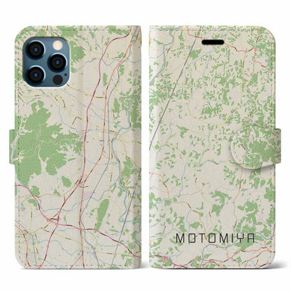 【本宮（福島県）】地図柄iPhoneケース（手帳タイプ）ナチュラル・iPhone 12 / 12 Pro 用