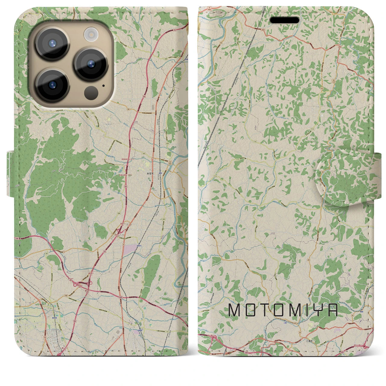 【本宮（福島県）】地図柄iPhoneケース（手帳両面タイプ・ナチュラル）iPhone 14 Pro Max 用