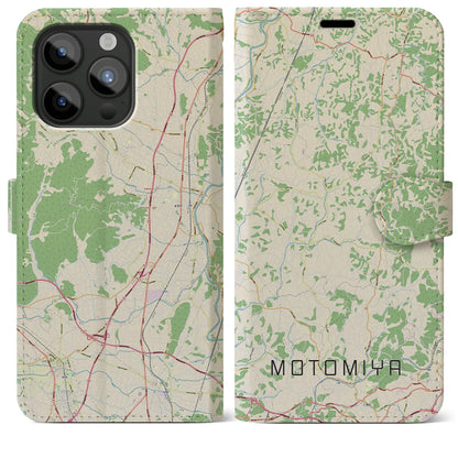 【本宮（福島県）】地図柄iPhoneケース（手帳タイプ）ナチュラル・iPhone 15 Pro Max 用