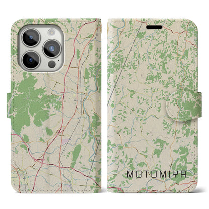 【本宮（福島県）】地図柄iPhoneケース（手帳タイプ）ナチュラル・iPhone 15 Pro 用