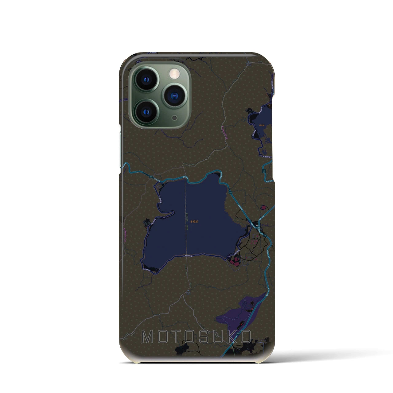 【本栖湖】地図柄iPhoneケース（バックカバータイプ・ブラック）iPhone 11 Pro 用