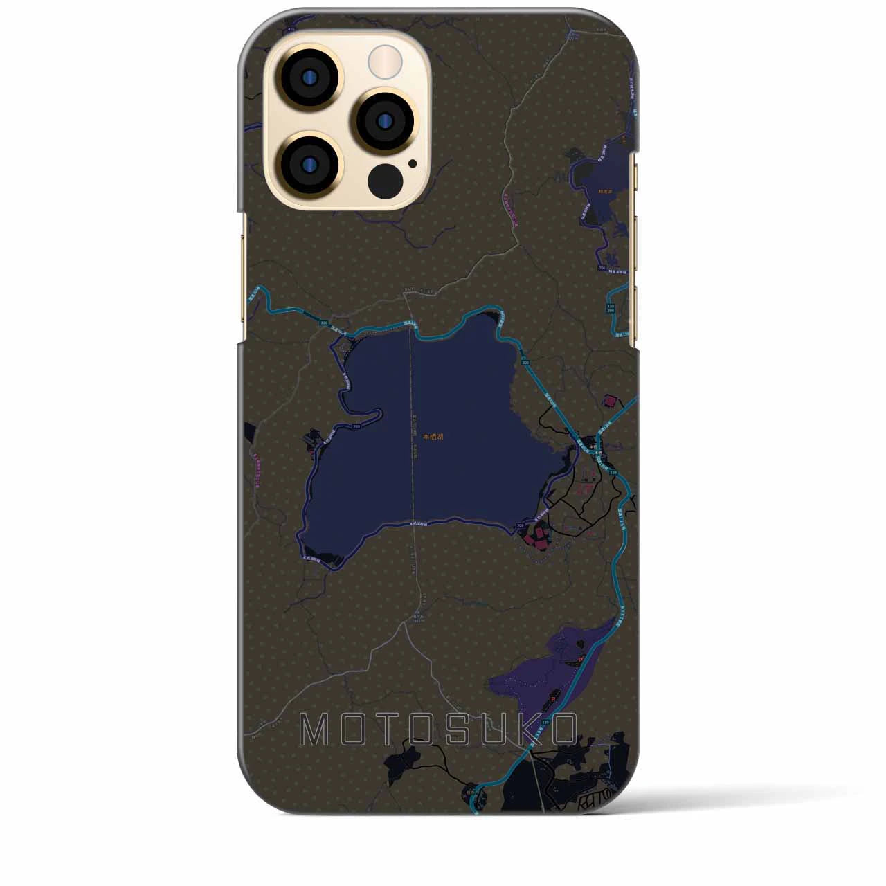 【本栖湖】地図柄iPhoneケース（バックカバータイプ・ブラック）iPhone 12 Pro Max 用