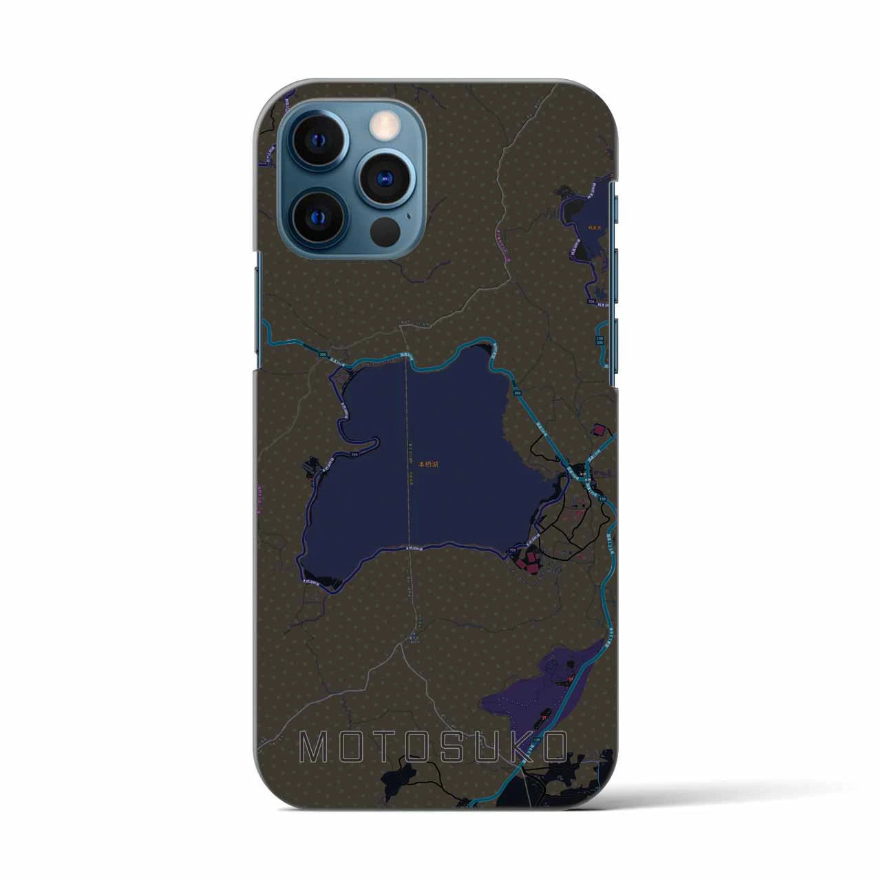 【本栖湖】地図柄iPhoneケース（バックカバータイプ・ブラック）iPhone 12 / 12 Pro 用