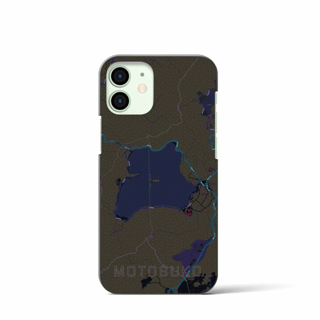 【本栖湖】地図柄iPhoneケース（バックカバータイプ・ブラック）iPhone 12 mini 用