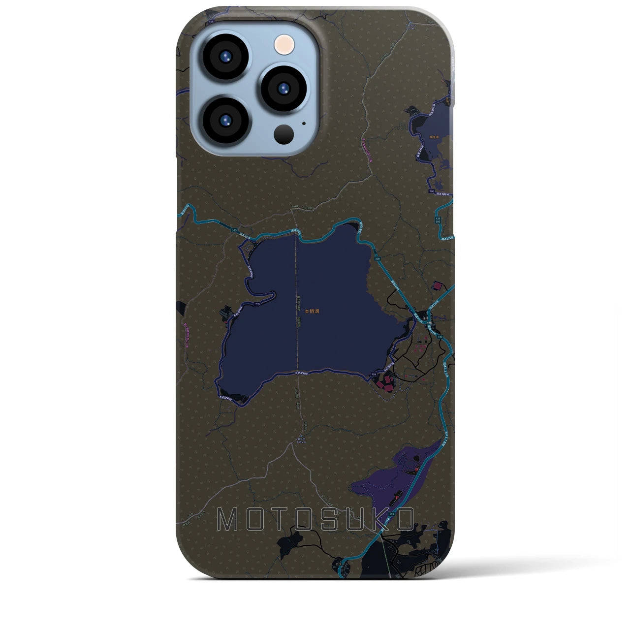 【本栖湖】地図柄iPhoneケース（バックカバータイプ・ブラック）iPhone 13 Pro Max 用