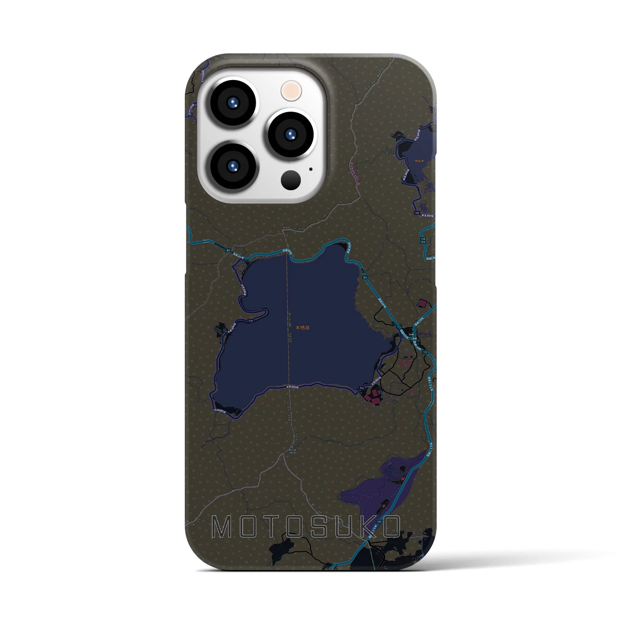 【本栖湖】地図柄iPhoneケース（バックカバータイプ・ブラック）iPhone 13 Pro 用