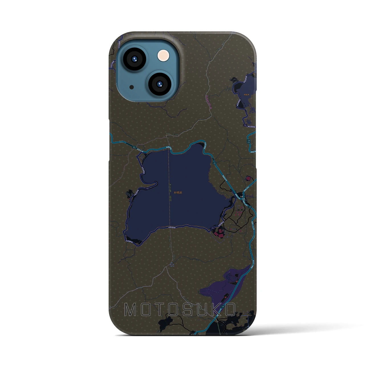 【本栖湖】地図柄iPhoneケース（バックカバータイプ・ブラック）iPhone 13 用