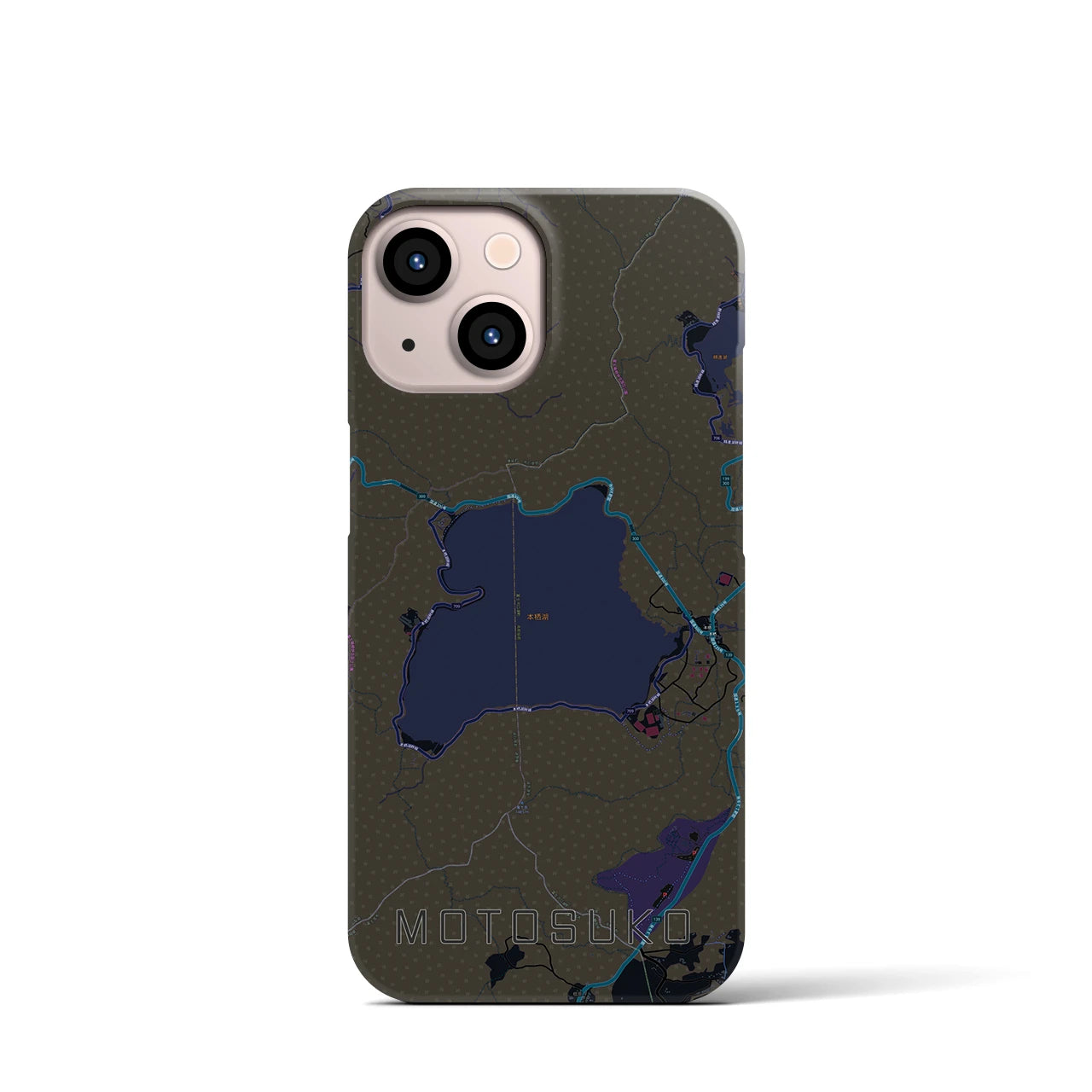 【本栖湖】地図柄iPhoneケース（バックカバータイプ・ブラック）iPhone 13 mini 用
