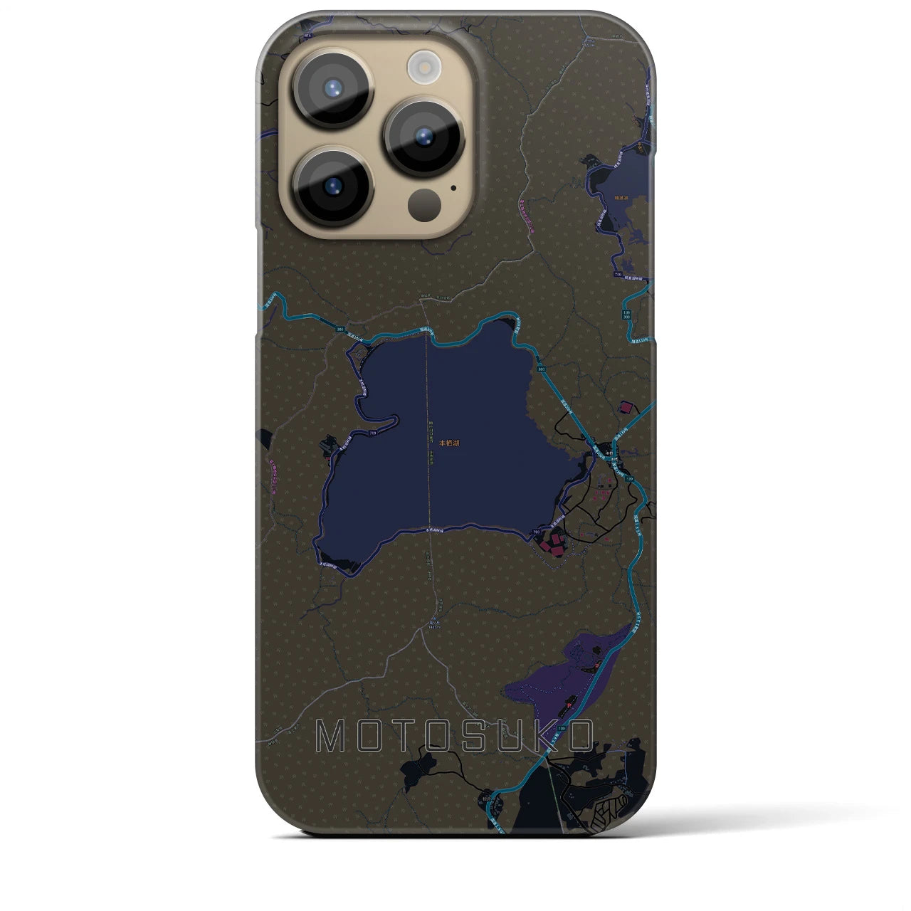 【本栖湖】地図柄iPhoneケース（バックカバータイプ・ブラック）iPhone 14 Pro Max 用