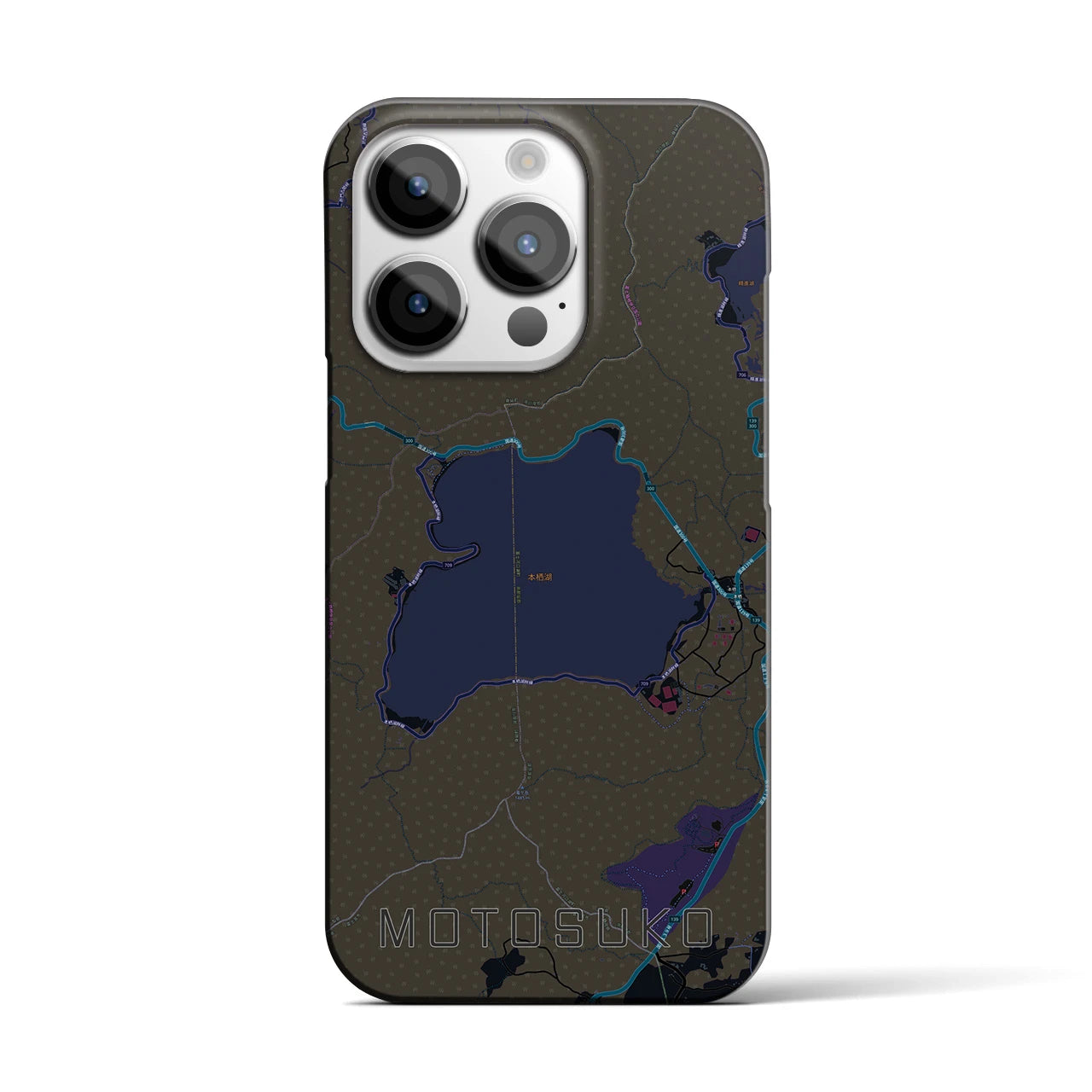 【本栖湖】地図柄iPhoneケース（バックカバータイプ・ブラック）iPhone 14 Pro 用