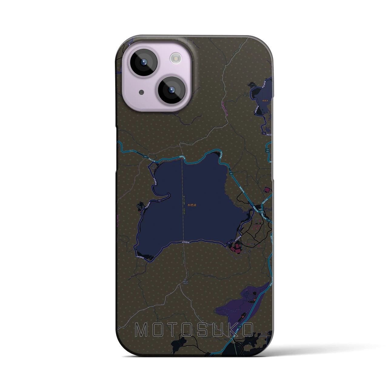 【本栖湖】地図柄iPhoneケース（バックカバータイプ・ブラック）iPhone 14 用