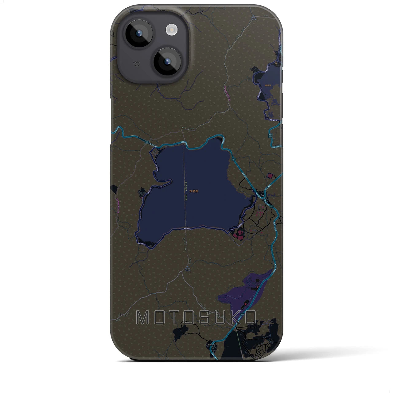 【本栖湖】地図柄iPhoneケース（バックカバータイプ・ブラック）iPhone 14 Plus 用