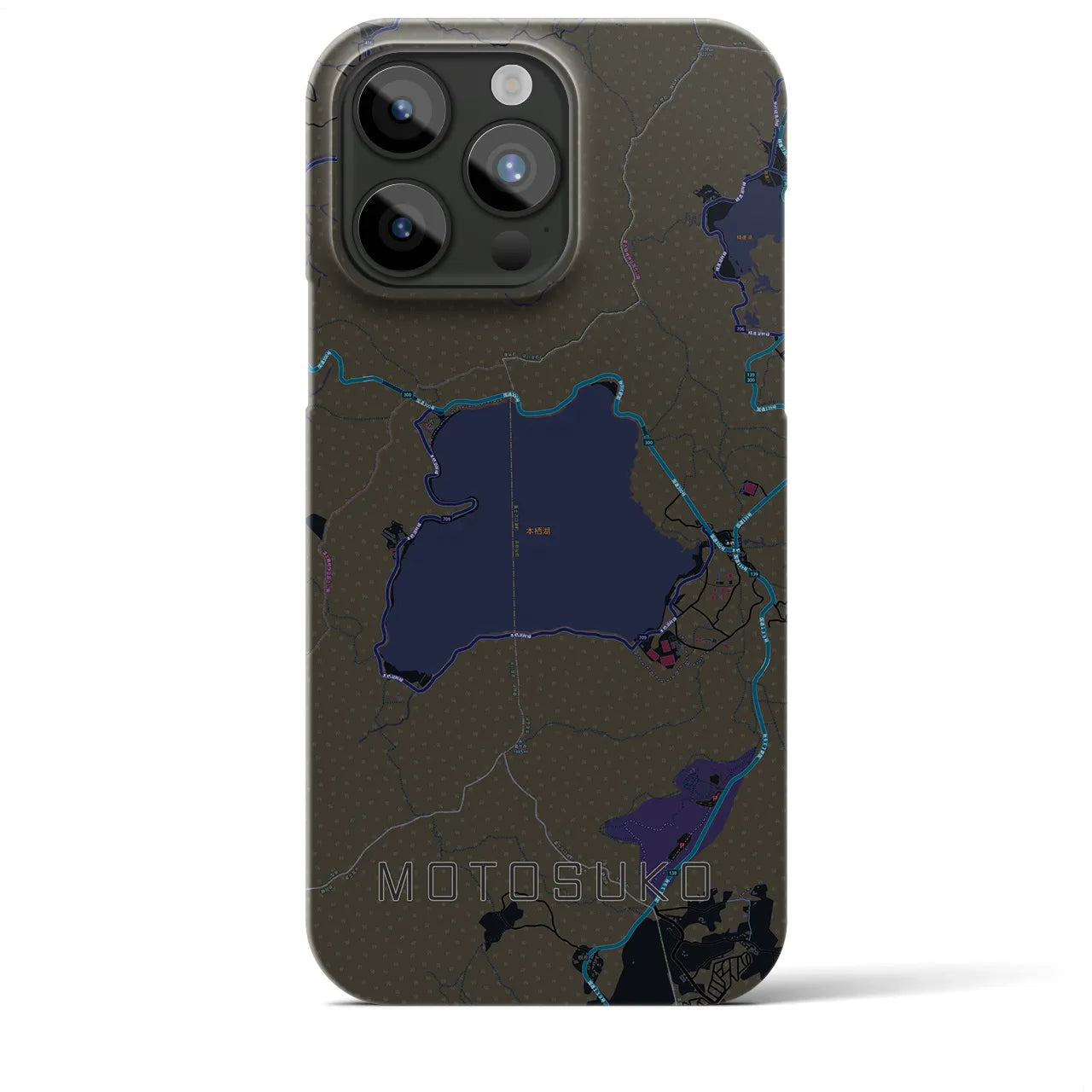 【本栖湖】地図柄iPhoneケース（バックカバータイプ・ブラック）iPhone 15 Pro Max 用