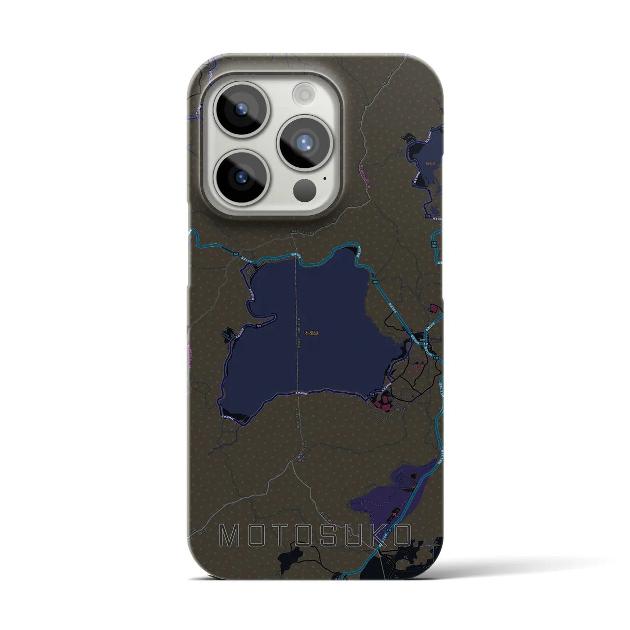 【本栖湖】地図柄iPhoneケース（バックカバータイプ・ブラック）iPhone 15 Pro 用